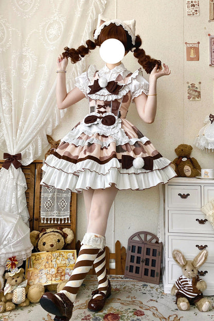 Sweet Lolita JSK - Calico Cat, Brown, Layered, Bow Detail, Ruffled - additional product view 4