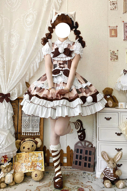 Sweet Lolita JSK - Calico Cat, Brown, Layered, Bow Detail, Ruffled - additional product view 5