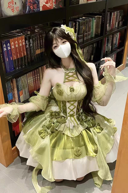 Sweet Lolita JSK - Camellia Covenant, Green, Lace Trim, Ruffled, Lace-Up - main product image
