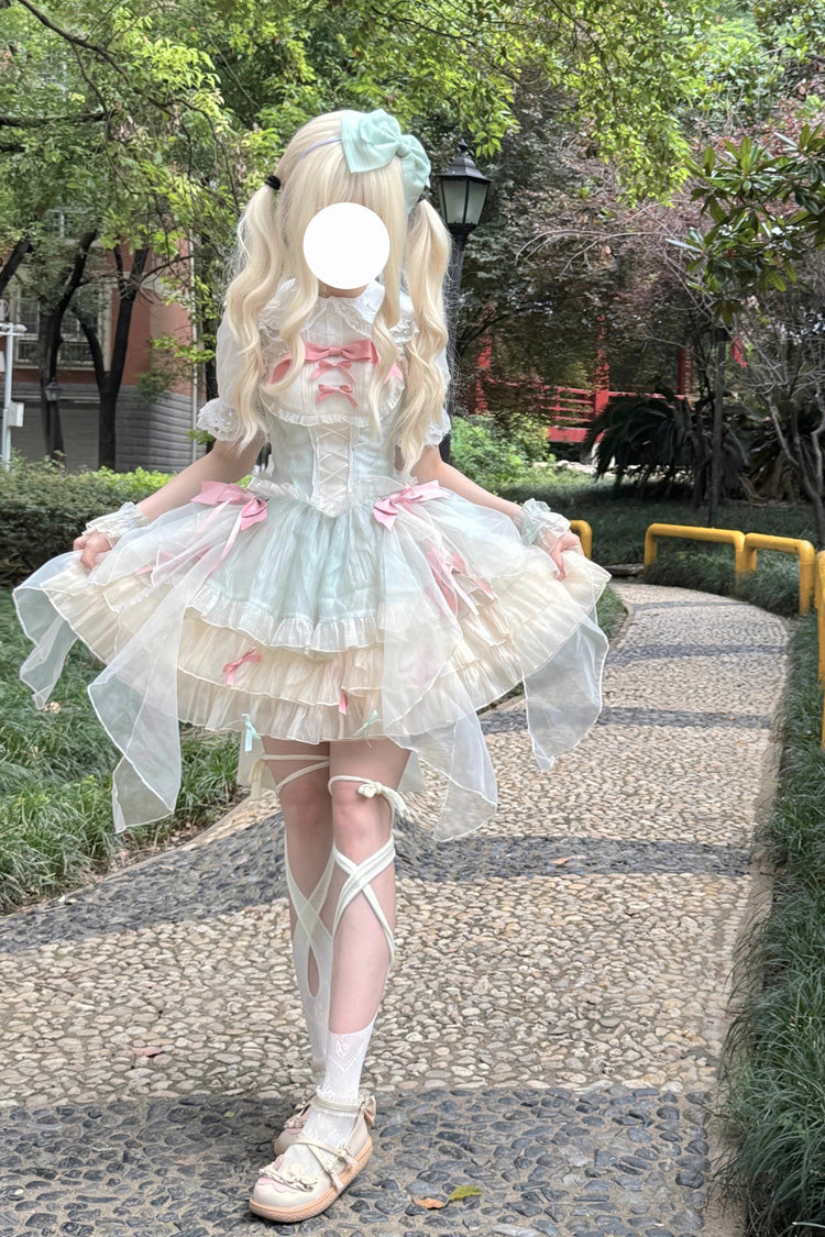 Sweet Lolita JSK - Camellia Love, Green, Ruffled, Layered, Bow Detail - additional product view 4