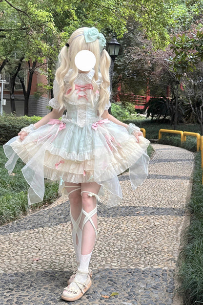 Sweet Lolita JSK - Camellia Love, Green, Ruffled, Layered, Bow Detail - additional product view 4