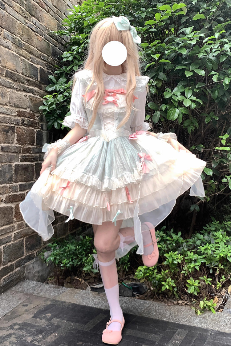 Sweet Lolita JSK - Camellia Love, Green, Ruffled, Layered, Bow Detail - main product image