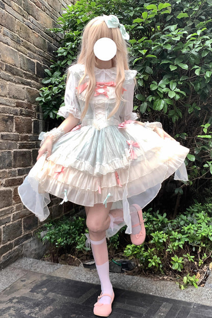 Sweet Lolita JSK - Camellia Love, Green, Ruffled, Layered, Bow Detail - main product image