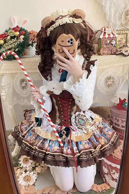 Sweet Lolita JSK - Candy House, Brown, Ruffled, Printed, Layered - additional product view 6