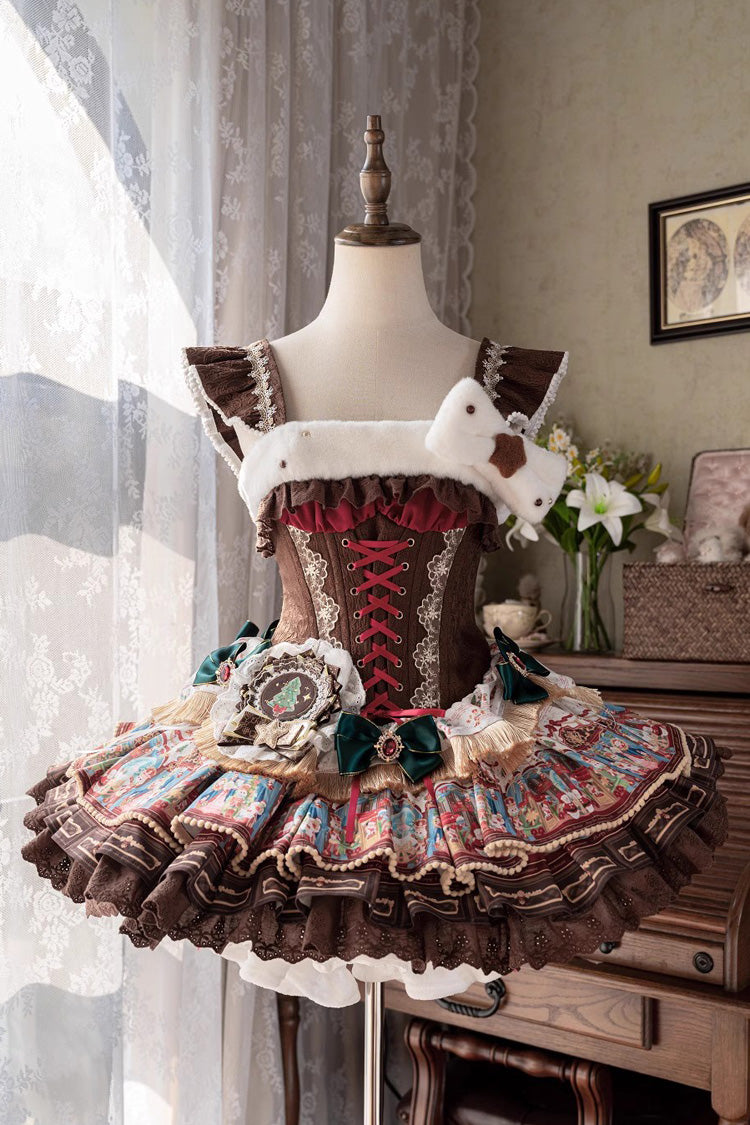 Sweet Lolita JSK - Candy House, Brown, Ruffled, Printed, Layered - main product image