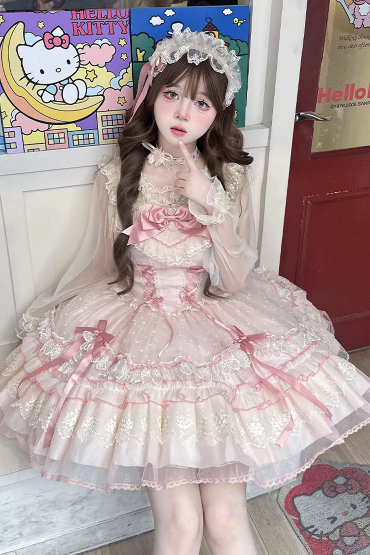 Sweet Lolita JSK - Candy House, Pink, Ruffled, Lace-Up, Bow Detail - additional product view 2