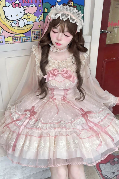 Sweet Lolita JSK - Candy House, Pink, Ruffled, Lace-Up, Bow Detail - additional product view 4