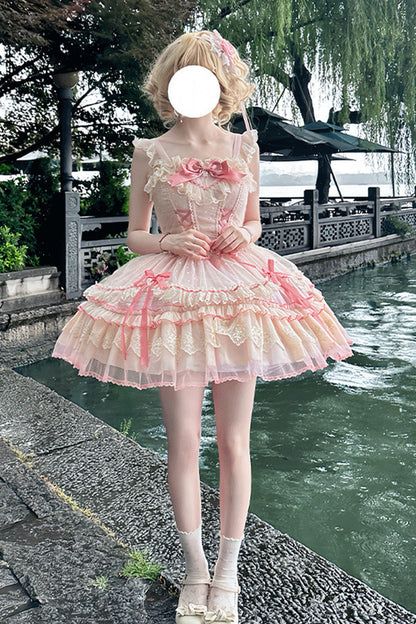 Sweet Lolita JSK - Candy House, Pink, Ruffled, Lace-Up, Bow Detail - additional product view 7