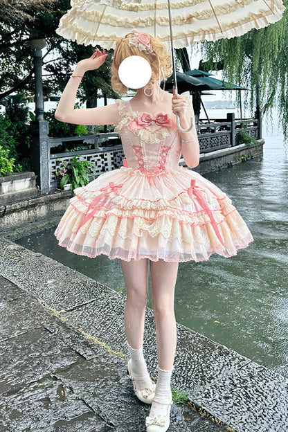 Sweet Lolita JSK - Candy House, Pink, Ruffled, Lace-Up, Bow Detail - additional product view 8
