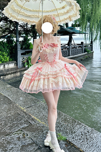 Sweet Lolita JSK - Candy House, Pink, Ruffled, Lace-Up, Bow Detail - additional product view 10