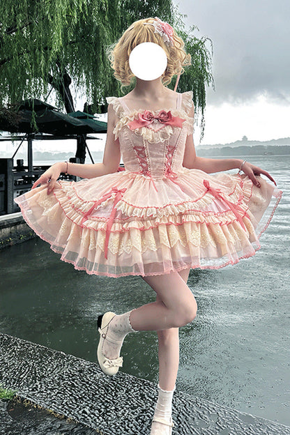 Sweet Lolita JSK - Candy House, Pink, Ruffled, Lace-Up, Bow Detail - additional product view 11
