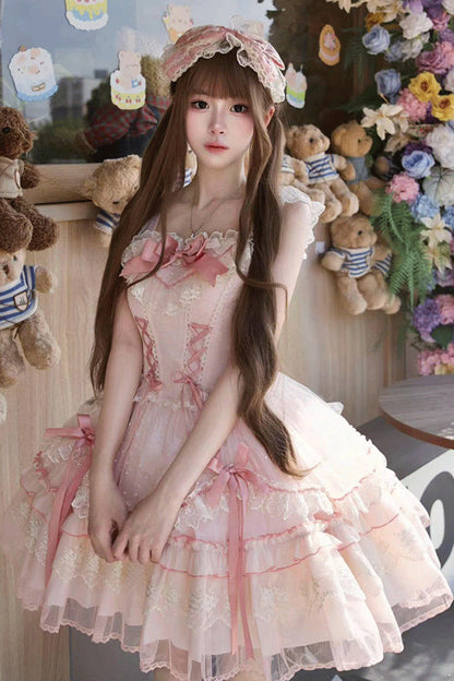 Sweet Lolita JSK - Candy House, Pink, Ruffled, Lace-Up, Bow Detail - additional product view 12
