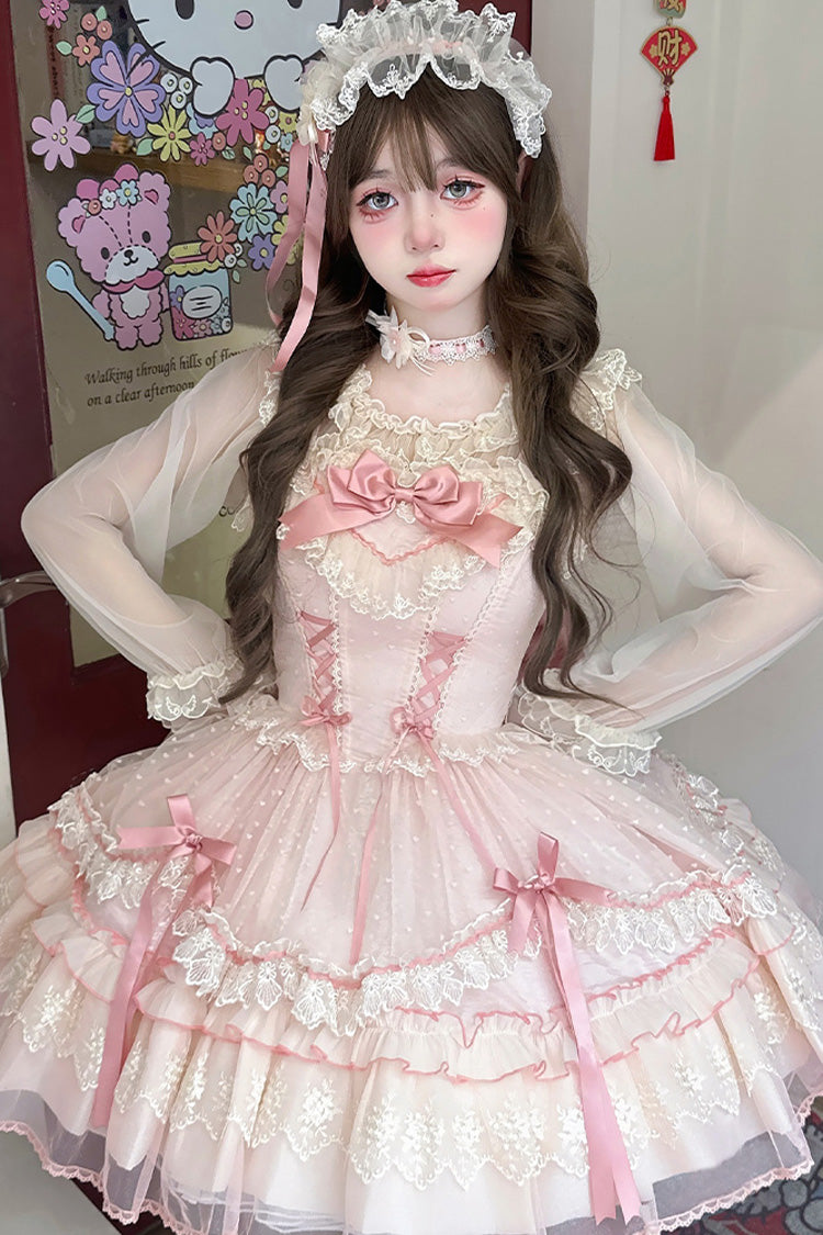 Sweet Lolita JSK - Candy House, Pink, Ruffled, Lace-Up, Bow Detail - main product image