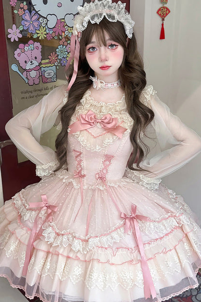 Sweet Lolita JSK - Candy House, Pink, Ruffled, Lace-Up, Bow Detail - main product image