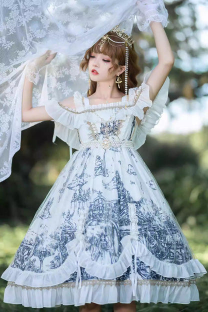 Sweet Lolita JSK - Castle Feast, White, Gothic Style, Bow Detail, Ruffled - additional product view 3