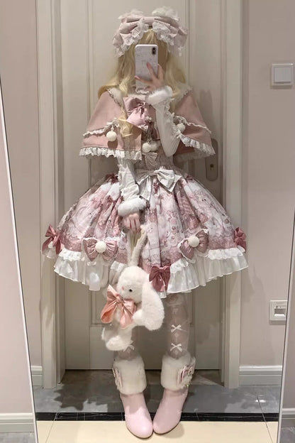 Sweet Lolita JSK - Cat Dessert House, Pink, Ruffled, Printed, Bow Detail - additional product view 5