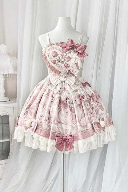 Sweet Lolita JSK - Cat Dessert House, Pink, Ruffled, Printed, Bow Detail - additional product view 6