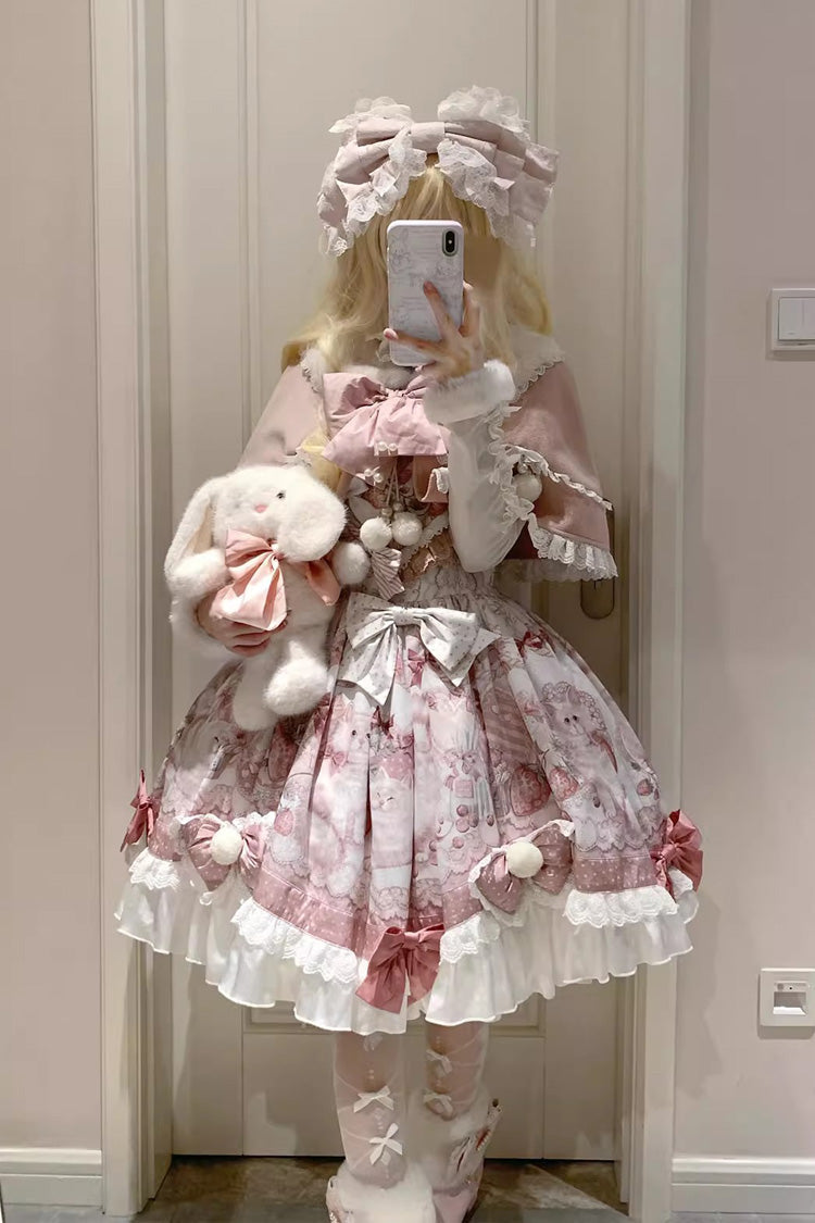 Sweet Lolita JSK - Cat Dessert House, Pink, Ruffled, Printed, Bow Detail - main product image
