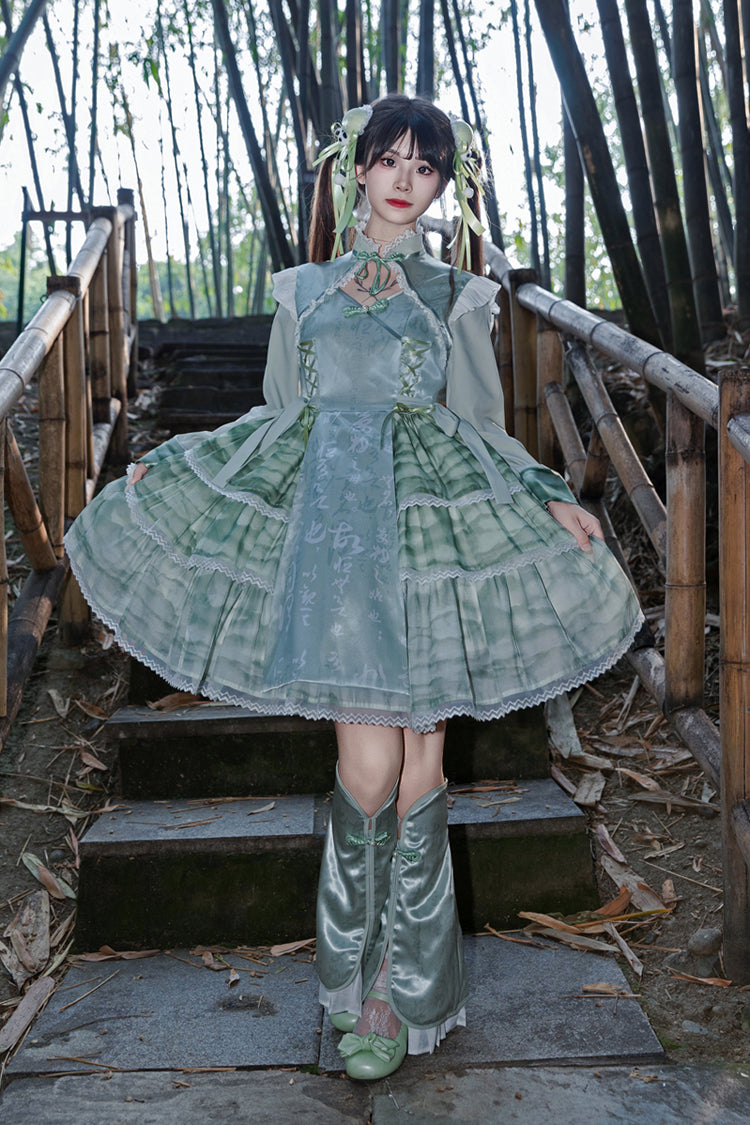 Sweet Lolita JSK - Cheongsam Ink Print Multi-layer, 2 Colors, Chinese-Inspired Style - S Green / M Green / L Green option