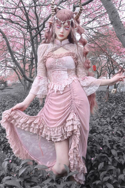 Sweet Lolita JSK - Cherry Nightmare V Collar High, Pink, High Waist, Lace Trim - additional product view 2