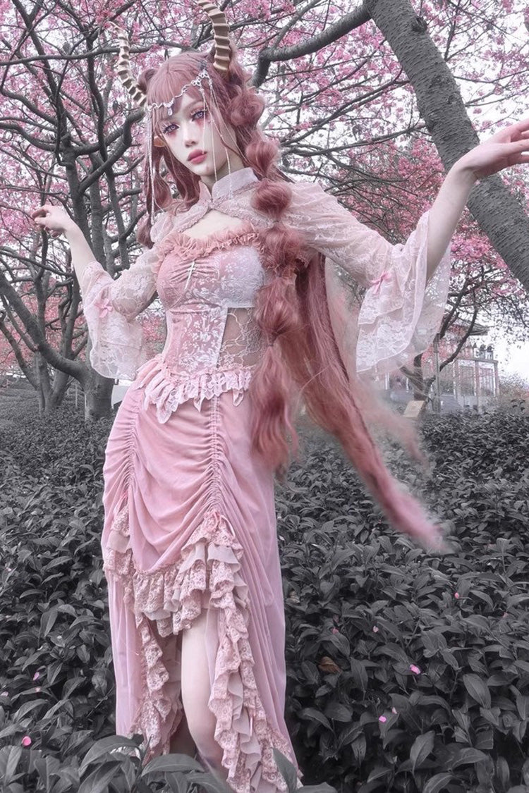Sweet Lolita JSK - Cherry Nightmare V Collar High, Pink, High Waist, Lace Trim - additional product view 3