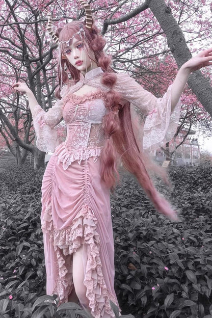 Sweet Lolita JSK - Cherry Nightmare V Collar High, Pink, High Waist, Lace Trim - additional product view 3