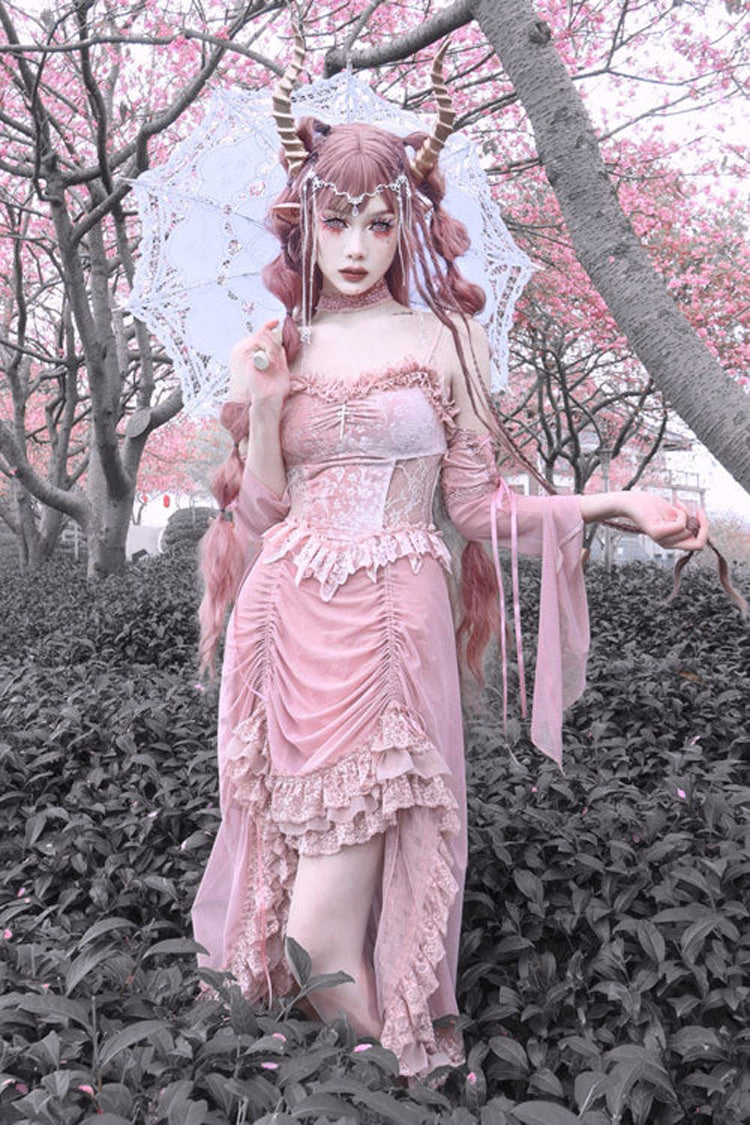 Sweet Lolita JSK - Cherry Nightmare V Collar High, Pink, High Waist, Lace Trim - additional product view 4