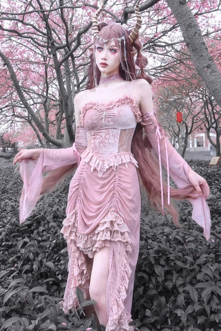 Sweet Lolita JSK - Cherry Nightmare V Collar High, Pink, High Waist, Lace Trim - additional product view 6
