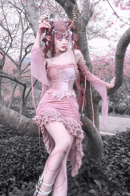 Sweet Lolita JSK - Cherry Nightmare V Collar High, Pink, High Waist, Lace Trim - additional product view 7