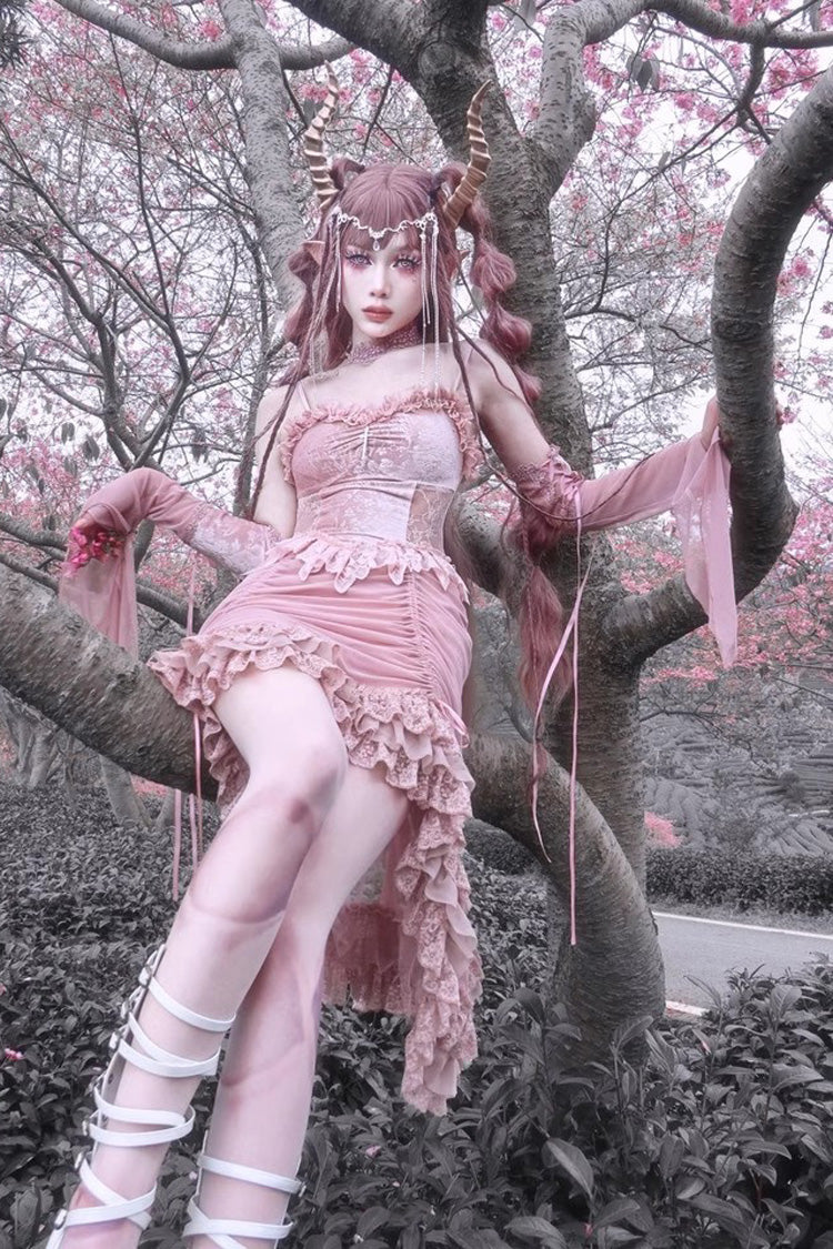 Sweet Lolita JSK - Cherry Nightmare V Collar High, Pink, High Waist, Lace Trim - additional product view 8