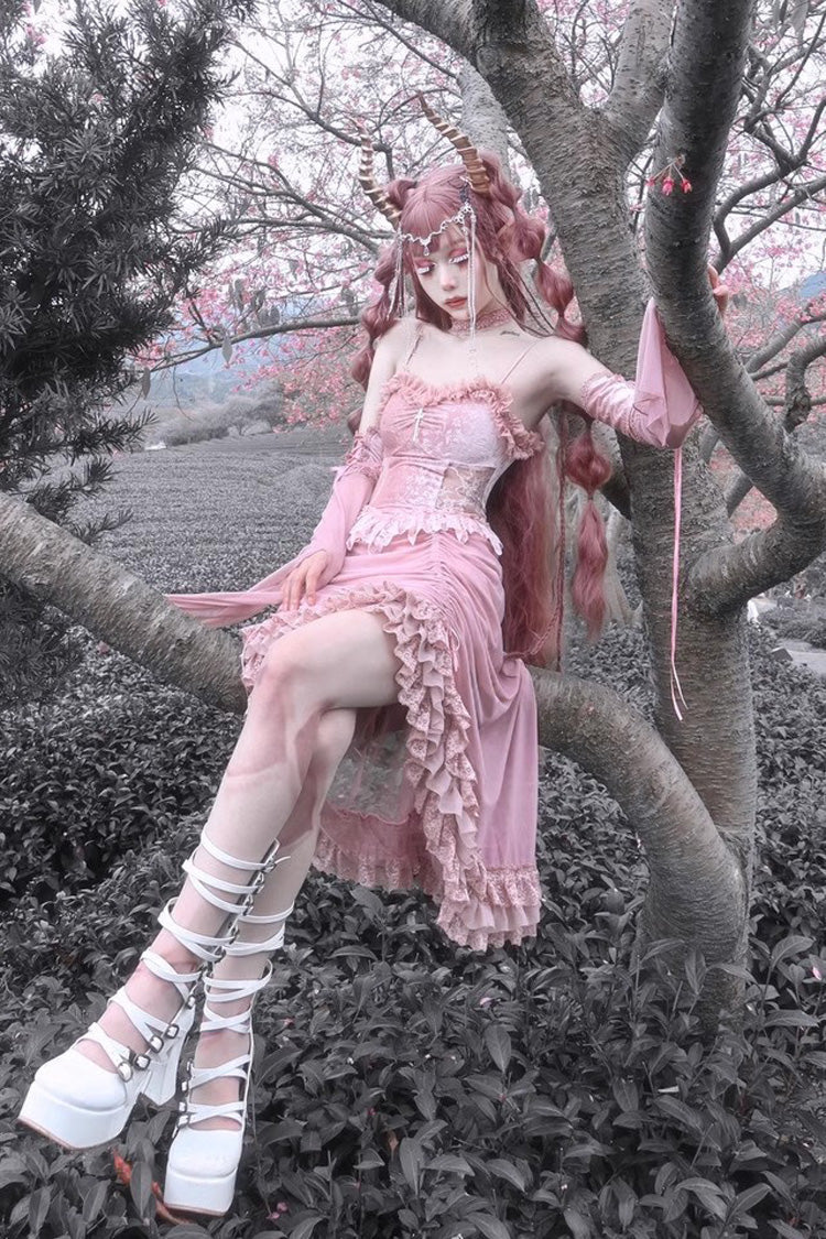 Sweet Lolita JSK - Cherry Nightmare V Collar High, Pink, High Waist, Lace Trim - additional product view 9