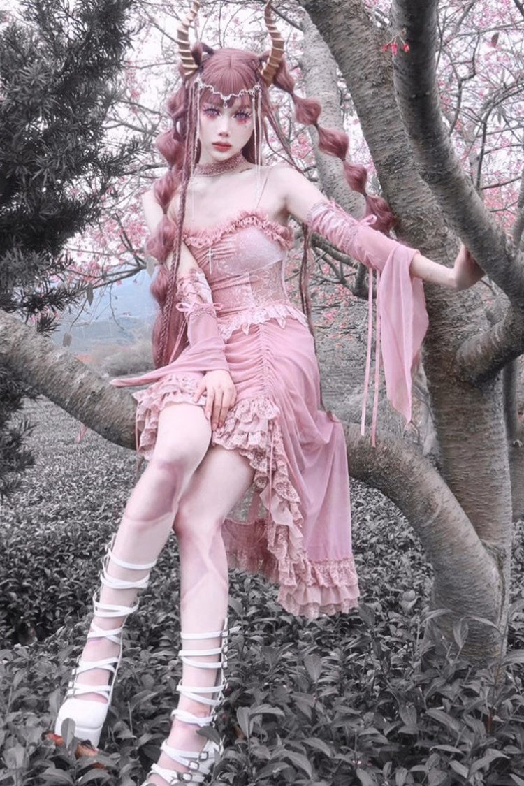 Sweet Lolita JSK - Cherry Nightmare V Collar High, Pink, High Waist, Lace Trim - additional product view 10