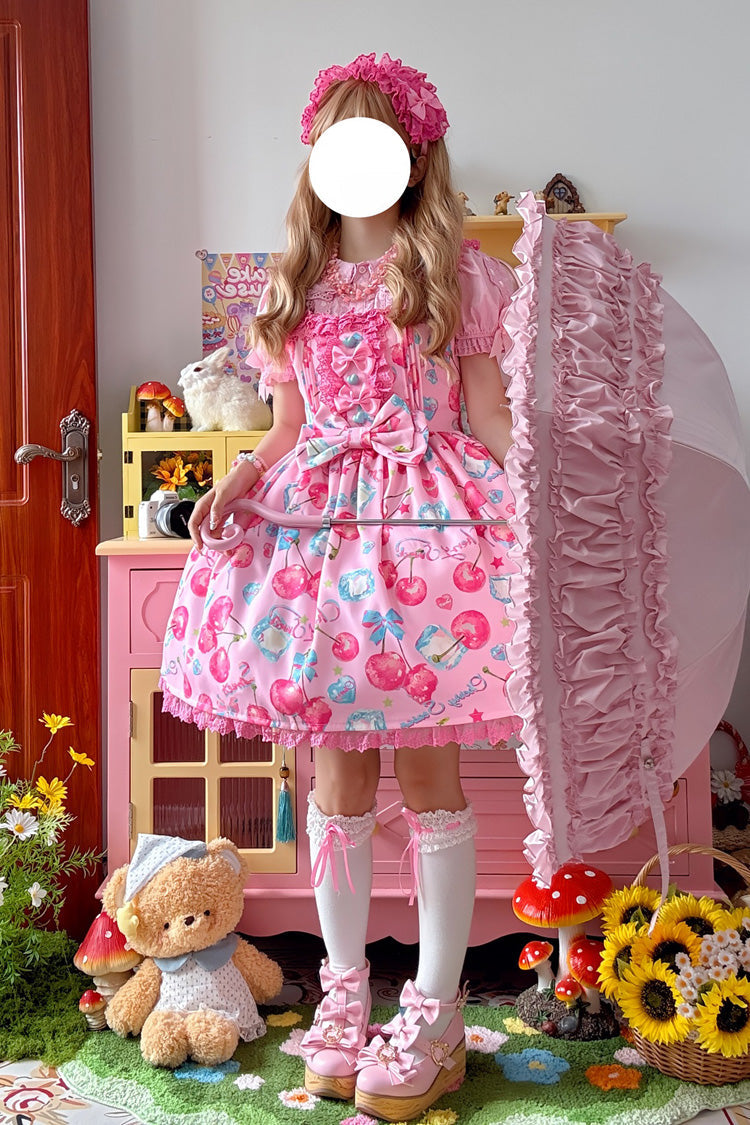 Sweet Lolita JSK - Cherry Sweet Ice, Pink, Printed, Bow Detail, Lace Trim - additional product view 2
