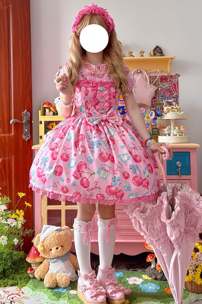 Sweet Lolita JSK - Cherry Sweet Ice, Pink, Printed, Bow Detail, Lace Trim - additional product view 3