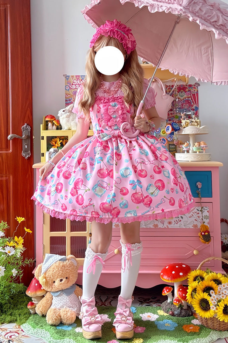 Sweet Lolita JSK - Cherry Sweet Ice, Pink, Printed, Bow Detail, Lace Trim - additional product view 4