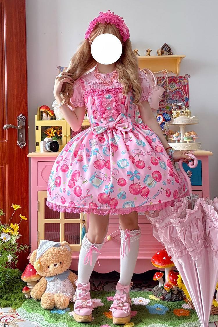 Sweet Lolita JSK - Cherry Sweet Ice, Pink, Printed, Bow Detail, Lace Trim - main product image