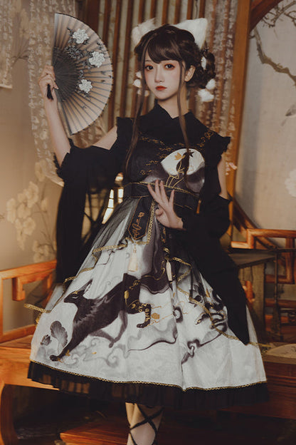 Sweet Lolita JSK - Chinese Style Cloud Fox Print, 2 Colors, Chinese-Inspired Style - additional product view 2