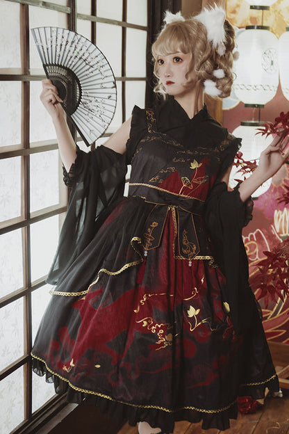 Sweet Lolita JSK - Chinese Style Cloud Fox Print, 2 Colors, Chinese-Inspired Style - additional product view 5
