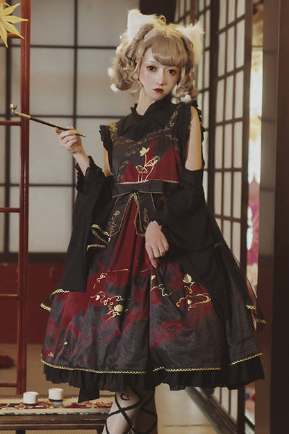 Sweet Lolita JSK - Chinese Style Cloud Fox Print, 2 Colors, Chinese-Inspired Style - additional product view 6