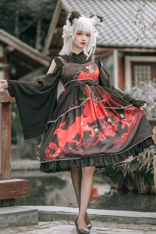 Sweet Lolita JSK - Chinese Style Cloud Fox Print, 2 Colors, Chinese-Inspired Style - S Red / M Red / L Red option