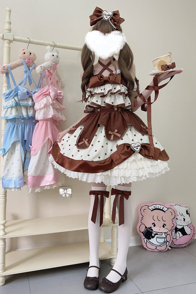 Sweet Lolita JSK - Chocolate Brown Cream, Brown, Layered, Bow Detail, Ruffled - additional product view 2