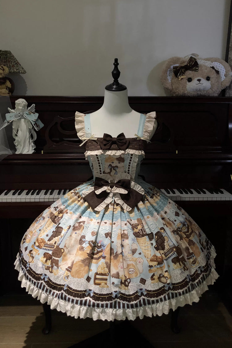 Sweet Lolita JSK - Chocolate Cake Party, 2 Colors, Square Collar, Printed, Bow Detail - additional product view 3