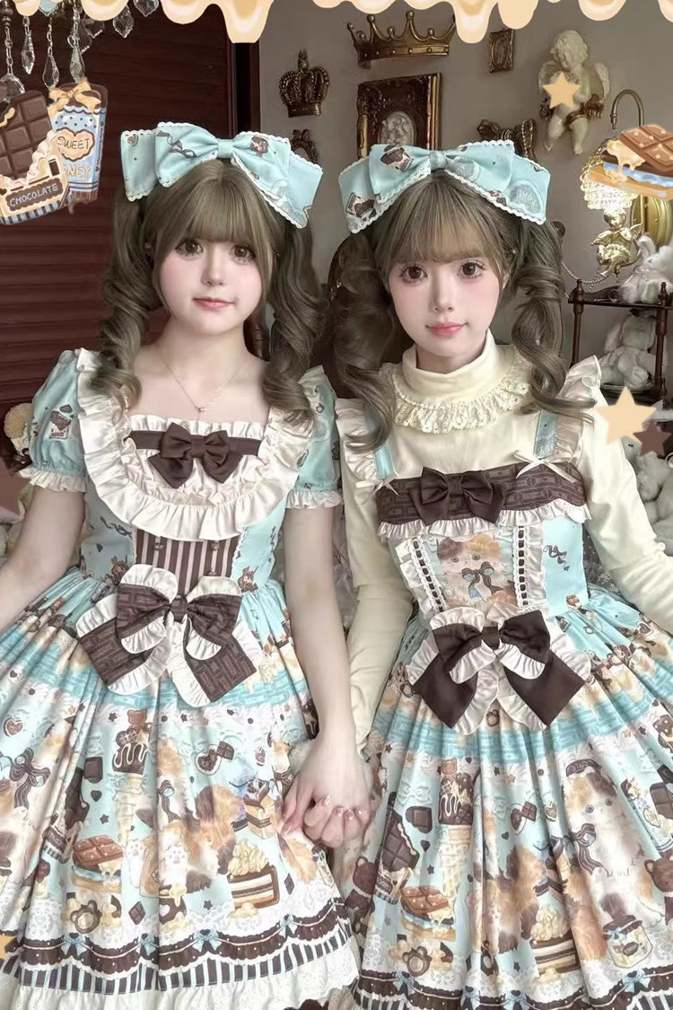 Sweet Lolita JSK - Chocolate Cake Party, 2 Colors, Square Collar, Printed, Bow Detail - additional product view 4