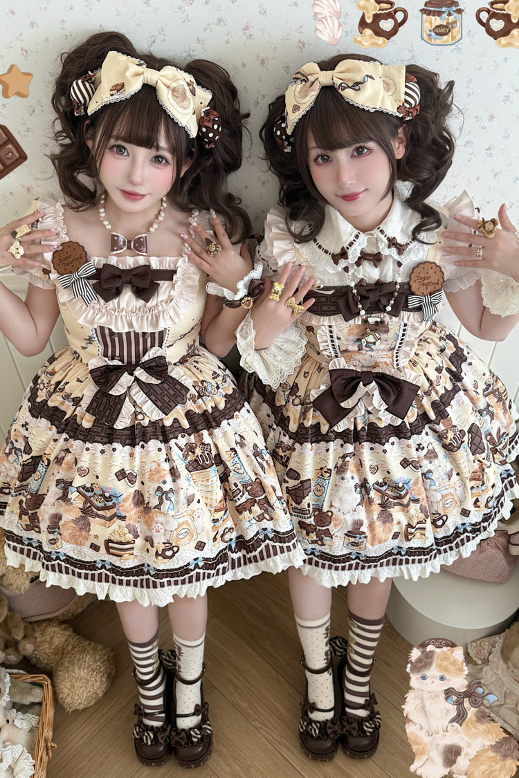 Sweet Lolita JSK - Chocolate Cake Party, 2 Colors, Square Collar, Printed, Bow Detail - additional product view 5