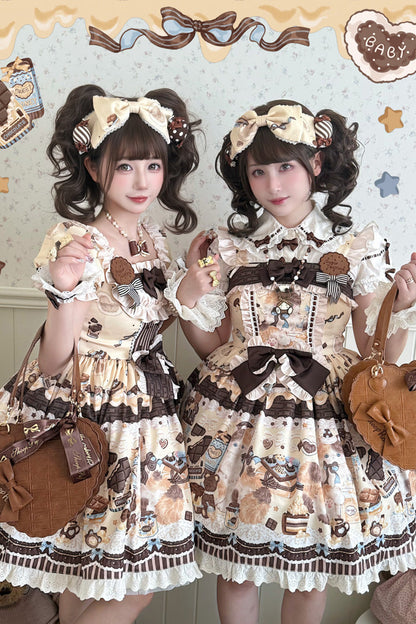 Sweet Lolita JSK - Chocolate Cake Party, 2 Colors, Square Collar, Printed, Bow Detail - additional product view 6