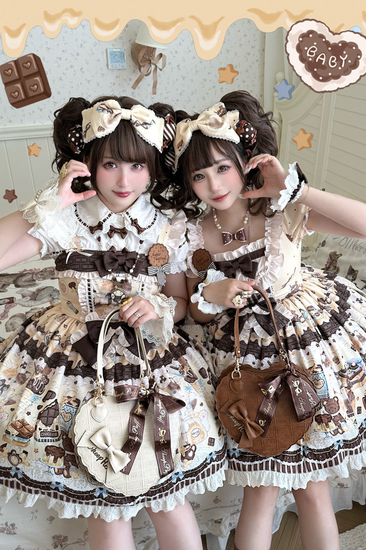 Sweet Lolita JSK - Chocolate Cake Party, 2 Colors, Square Collar, Printed, Bow Detail - additional product view 7