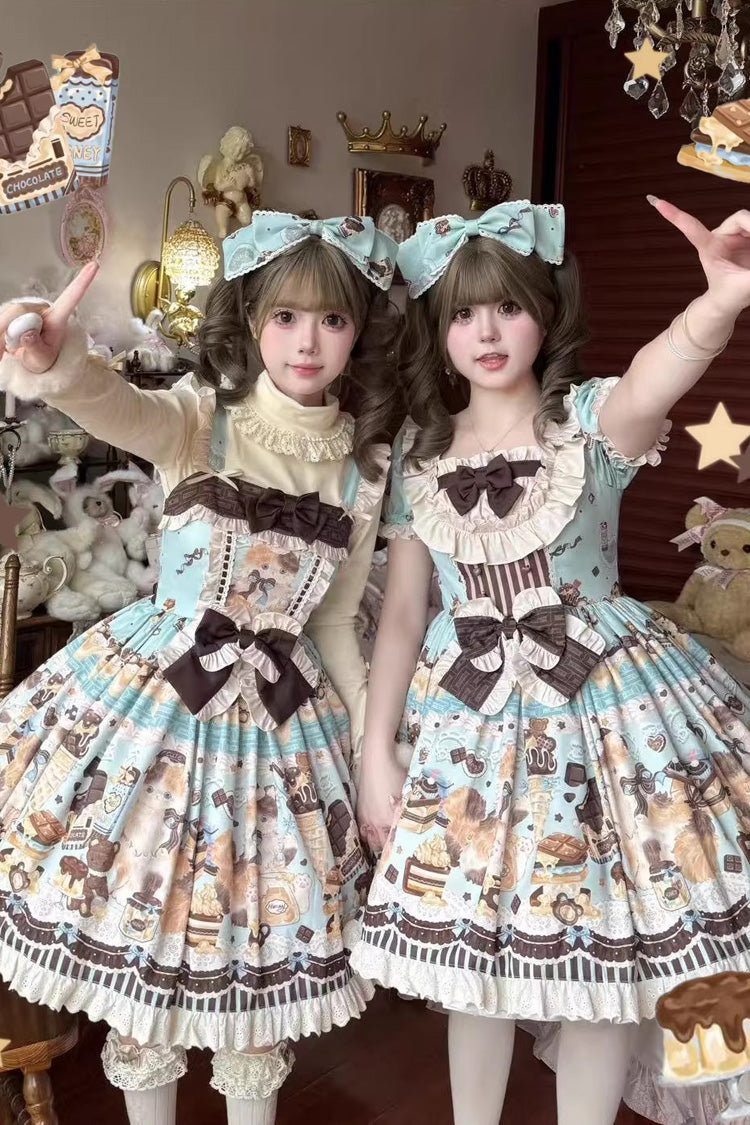 Sweet Lolita JSK - Chocolate Cake Party, 2 Colors, Square Collar, Printed, Bow Detail - main product image