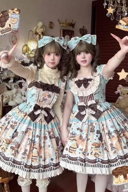 Sweet Lolita JSK - Chocolate Cake Party, 2 Colors, Square Collar, Printed, Bow Detail - main product image