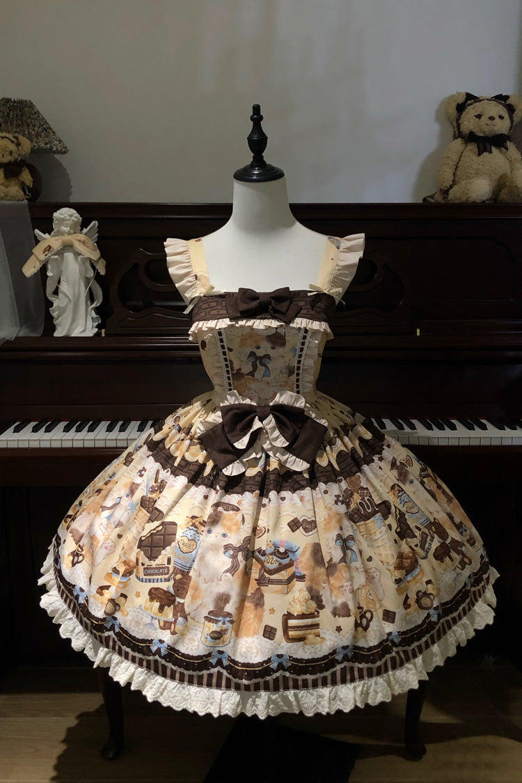 Sweet Lolita JSK - Chocolate Cake Party, 2 Colors, Square Collar, Printed, Bow Detail - S Yellow / M Yellow / L Yellow option