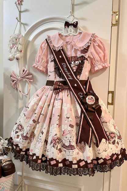 Sweet Lolita JSK - Chocolate Rosette Cat Print, 4 Colors, Detachable Detail, Bow Detail - additional product view 5